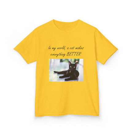 Kids Cat Lover Tee – “A Cat Makes Everything Better” – Heavy Cotton