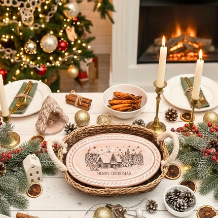 Bread Warmer & Basket - Christmas Village Oval-1