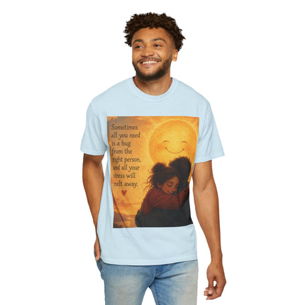 Hug Melt Away T-Shirt — Warm Sunset Illustration & Quote