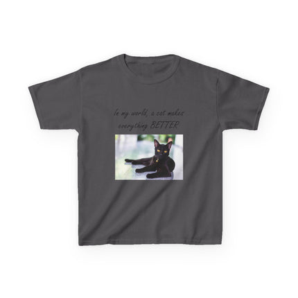 Kids Cat Lover Tee – “A Cat Makes Everything Better” – Heavy Cotton
