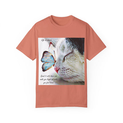 Inspirational Cat & Butterfly T-Shirt | Life is Short Quote