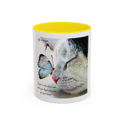 Cat & Butterfly Coffee Mug with 'Life is Short' Inspirational Quote (Accent, 11/15oz)