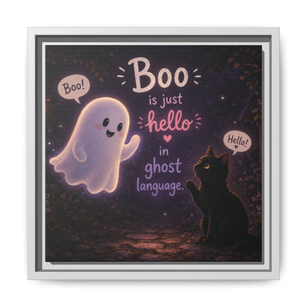 Framed Canvas Art - "Boo is Just Hello" Cute Ghost & Black Cat Halloween Print