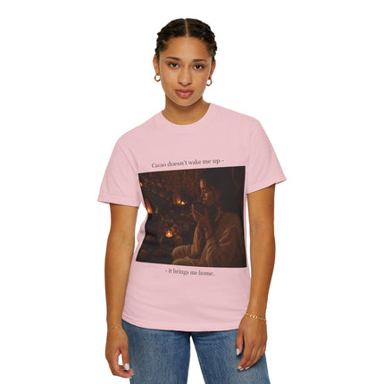 Cacao Doesn't Wake Me Up T-Shirt — Cozy Candlelit Illustration Tee