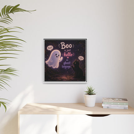 Framed Canvas Art - "Boo is Just Hello" Cute Ghost & Black Cat Halloween Print