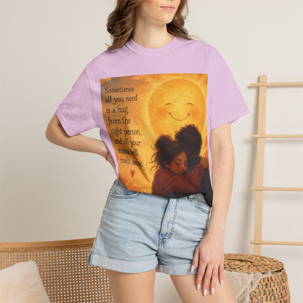 Hug Melt Away T-Shirt — Warm Sunset Illustration & Quote