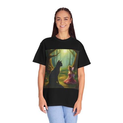 Fairy and Black Cat Forest T-Shirt — Enchanted Woodland Magic Tee
