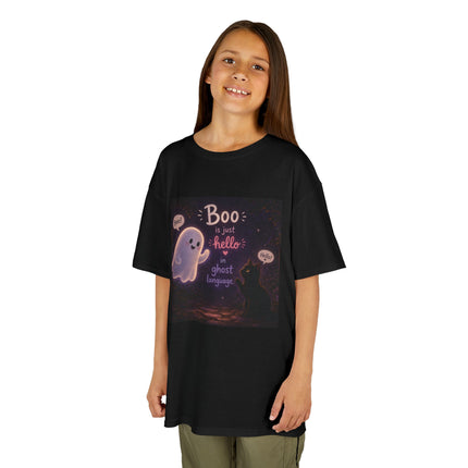 Kids Halloween Tee — "Boo: Hello Ghost Language" Cute Ghost Shirt