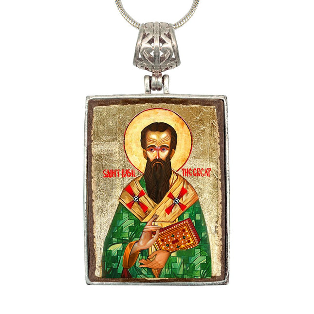 Saint Basil Religious Jewelry Silver Plated Necklace, Gold-Plated Wooden Cabochon - Christian Sacred Icon - Inspirational Icon Decor - 43053R-0