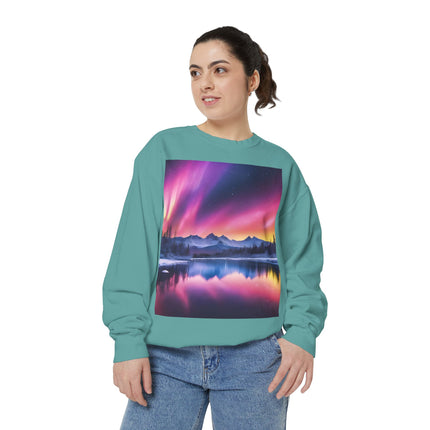 Aurora Lake Crewneck Sweatshirt — Colorful Northern Lights Landscape