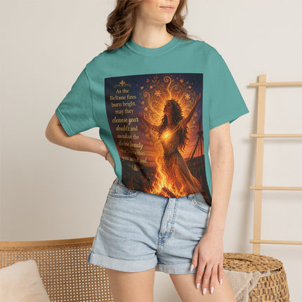 Burning Bright: Beltane Fire Goddess T-Shirt — "As the Beltane fires burn bright" Spiritual Pagan Tee