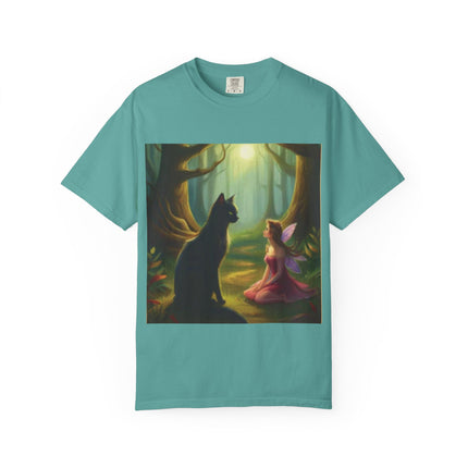 Fairy and Black Cat Forest T-Shirt — Enchanted Woodland Magic Tee