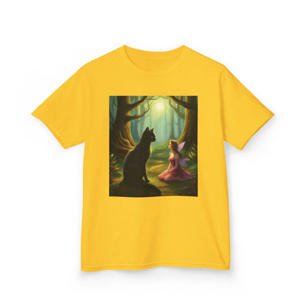 Enchanted Forest Kids Tee – Magical Fairy & Black Cat Design