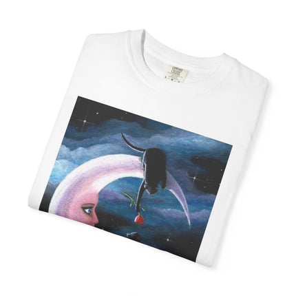 Moonlight Cats Graphic T‑Shirt — Romantic Crescent Moon Art Tee