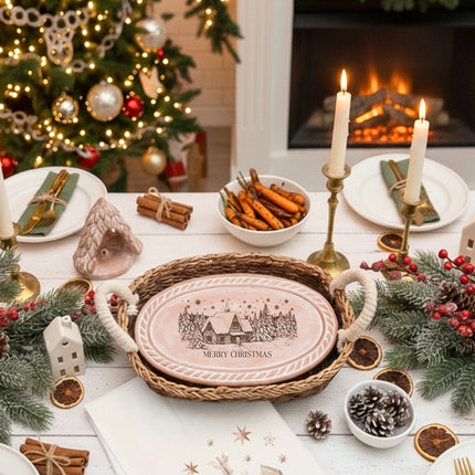 Bread Warmer & Basket Gift Set with Tea Towel - Christmas Village Oval-1