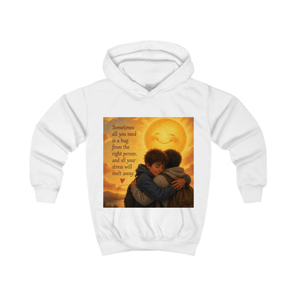 Kids hoodie with graphic of two children hugging under a warm sun and the quote “Sometimes all you need is a hug”