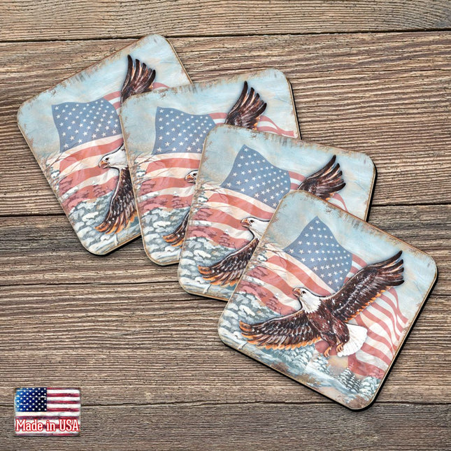 American Eagle Wooden Cork Coasters Gift Set of 4 by Nature Wonders - American Patriotic Decor - 95221C-S4-0