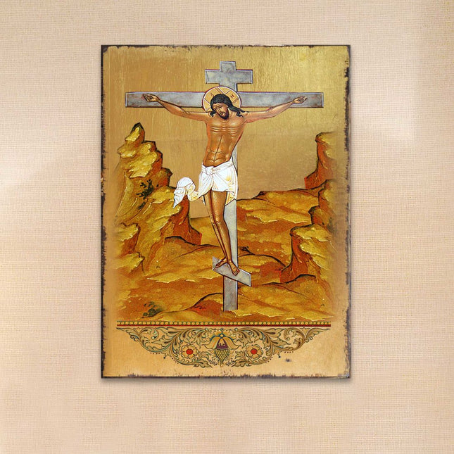 Crucifixion Wooden Gold Plated Religious Christian Sacred Icon - Inspirational Icon Decor - 85058-0
