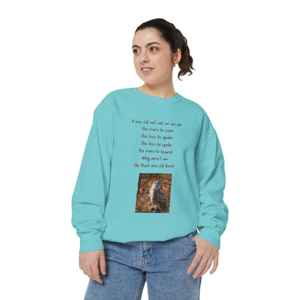 Poetic Owl Sweatshirt — Illustrated Owl Art with Poem Crewneck