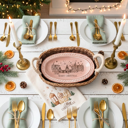 Bread Warmer & Basket - Christmas Village Oval-2
