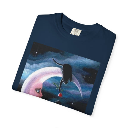 Moonlight Cats Graphic T‑Shirt — Romantic Crescent Moon Art Tee