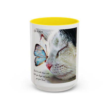 Cat & Butterfly Coffee Mug with 'Life is Short' Inspirational Quote (Accent, 11/15oz)