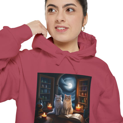 Mystic Cat Library Hoodie — Moonlit Cats, Candles & Spellbook Graphic Hoodie