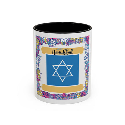Hanukkah Star of David Accent Coffee Mug — Festive Dreidel Border 11/15oz