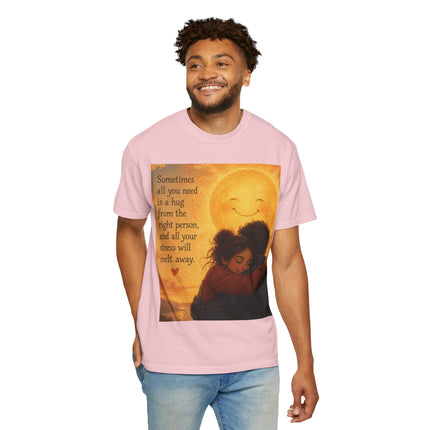 Hug Melt Away T-Shirt — Warm Sunset Illustration & Quote