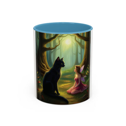 Enchanting Fairy & Cat Accent Mug – Fantasy Nature Design, 11oz