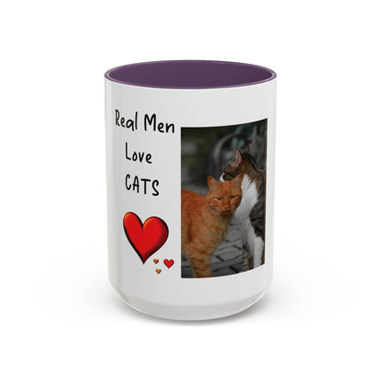 Coffee Mug — "Real Men Love Cats" Accent Ceramic Mug with Cat Photo (11/15 oz)