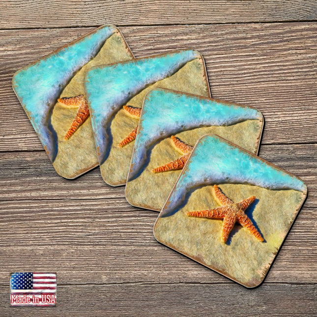 Starfish Coastal Wooden Cork Coasters Gift Set of 4 by Nature Wonders - Coastal Sea-Life Decor - 95253C-S4-0