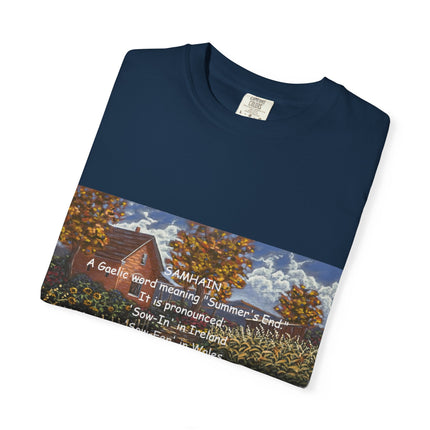Samhain Harvest Tee — 'Samhain' Pronunciations + 'Pumpkin Spice' Autumn Humor