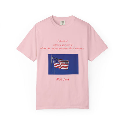 Patriotic Unisex Garment-Dyed T-Shirt with American Flag – Quote by Mark Twain