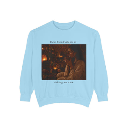 Cozy Candlelit Photo Sweatshirt — "Cacao doesn't wake me up... it brings me home"