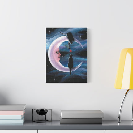 Two Black Cats on Crescent Moon Matte Canvas Art — Cat Lovers Wall Decor