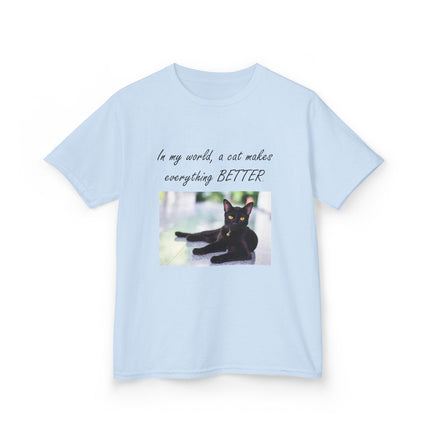 Kids Cat Lover Tee – “A Cat Makes Everything Better” – Heavy Cotton