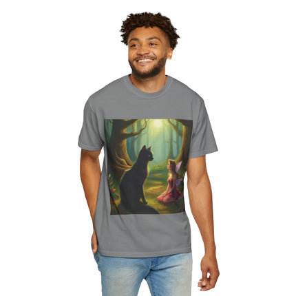 Fairy and Black Cat Forest T-Shirt — Enchanted Woodland Magic Tee