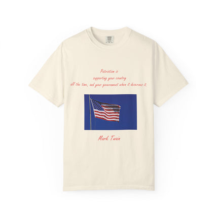 Patriotic Unisex Garment-Dyed T-Shirt with American Flag – Quote by Mark Twain
