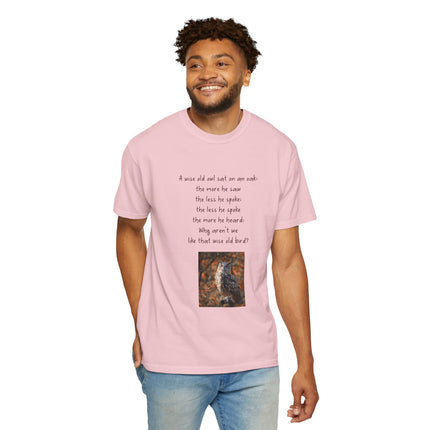 Poem & Owl Graphic T‑Shirt — 'A wise old owl...' Nature Poetry Tee