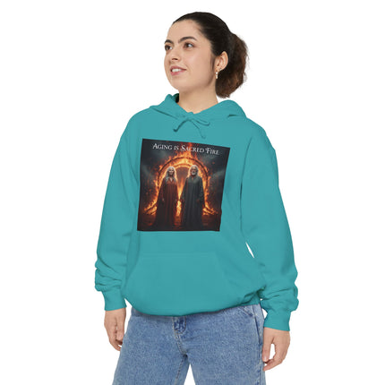 Hoodie - "Aging Is Sacred Fire" Fantasy Cloaked Figures Fire Portal Graphic Hoodie