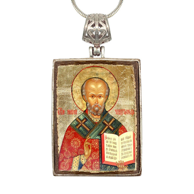 Saint Nick Religious Jewelry Silver Plated Necklace, Gold-Plated Wooden Cabochon - Christian Sacred Icon - Inspirational Icon Decor - 43021R-0