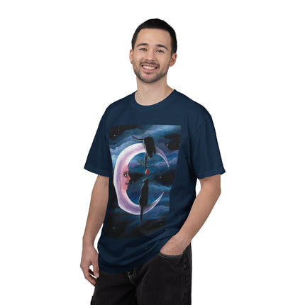 Moonlight Cats Graphic T‑Shirt — Romantic Crescent Moon Art Tee