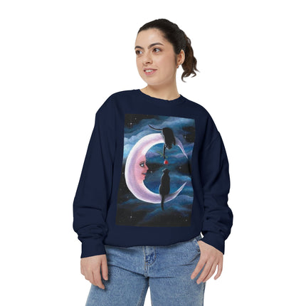 Moonlit Cats Sweatshirt —Whimsical Crescent Moon & Black Cat Graphic