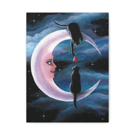 Two Black Cats on Crescent Moon Matte Canvas Art — Cat Lovers Wall Decor