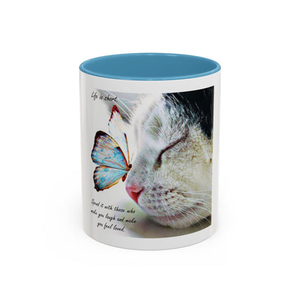 Cat & Butterfly Coffee Mug with 'Life is Short' Inspirational Quote (Accent, 11/15oz)