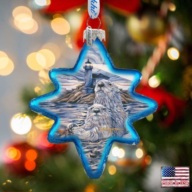 Starlight Otter Lighthouse Glass Ornament by J. Bergsma - Wildlife Holiday Decor - 755-572-JB-0