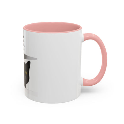 Black Cat Coffee Mug — “In the Here In the Now No Worries Only Meow” Accent Mug