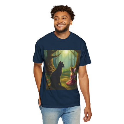 Fairy and Black Cat Forest T-Shirt — Enchanted Woodland Magic Tee