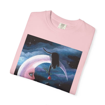 Moonlight Cats Graphic T‑Shirt — Romantic Crescent Moon Art Tee